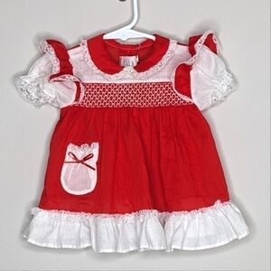 Vintage Sears Red White Dress Smocking 9m